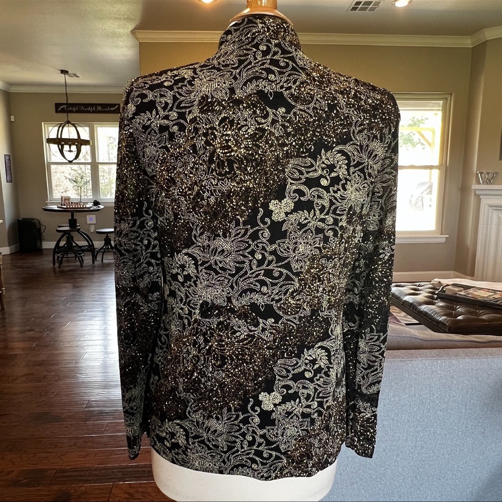 Jeanne Alexander Medium Vtg Zip front jacket gold metallic sparkle Shoulder pads - Picture 4 of 15